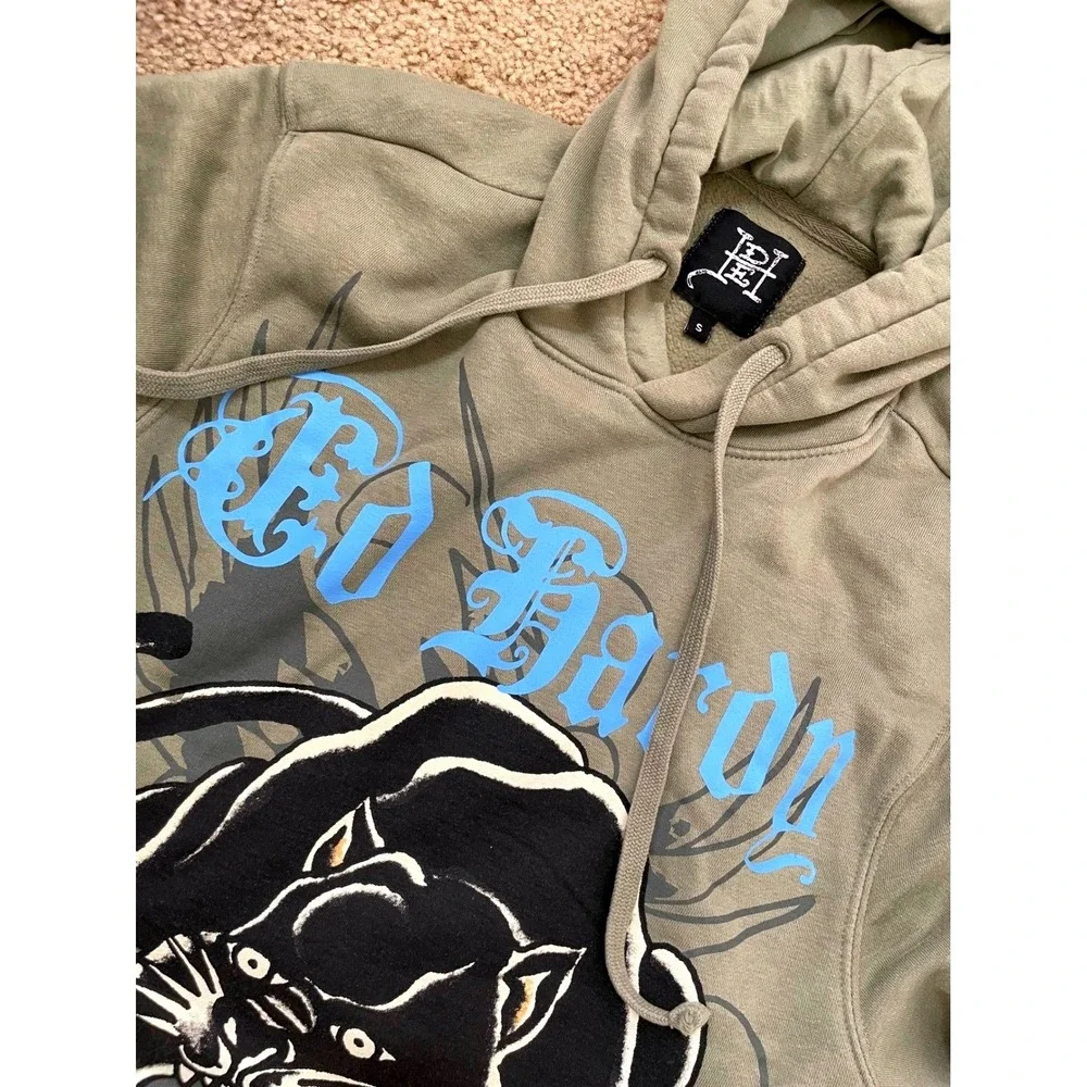 Y2K Ed Hardy Mens Small Green Panther Tattoo Graphic Hoodie‎ Sweatshirt